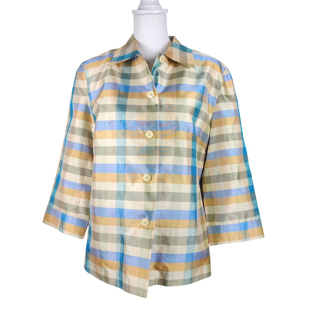 Silkland Shirt Top Jacket Womens 10 Blue Gold Green Check Silk Casual Office VTG